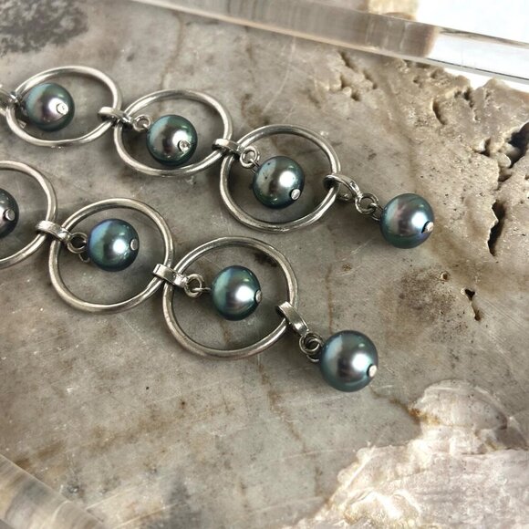 Sterling Silver 925 3" Long Round Triple Tiered Peacock Pearl Dangle Earrings - Picture 7 of 16